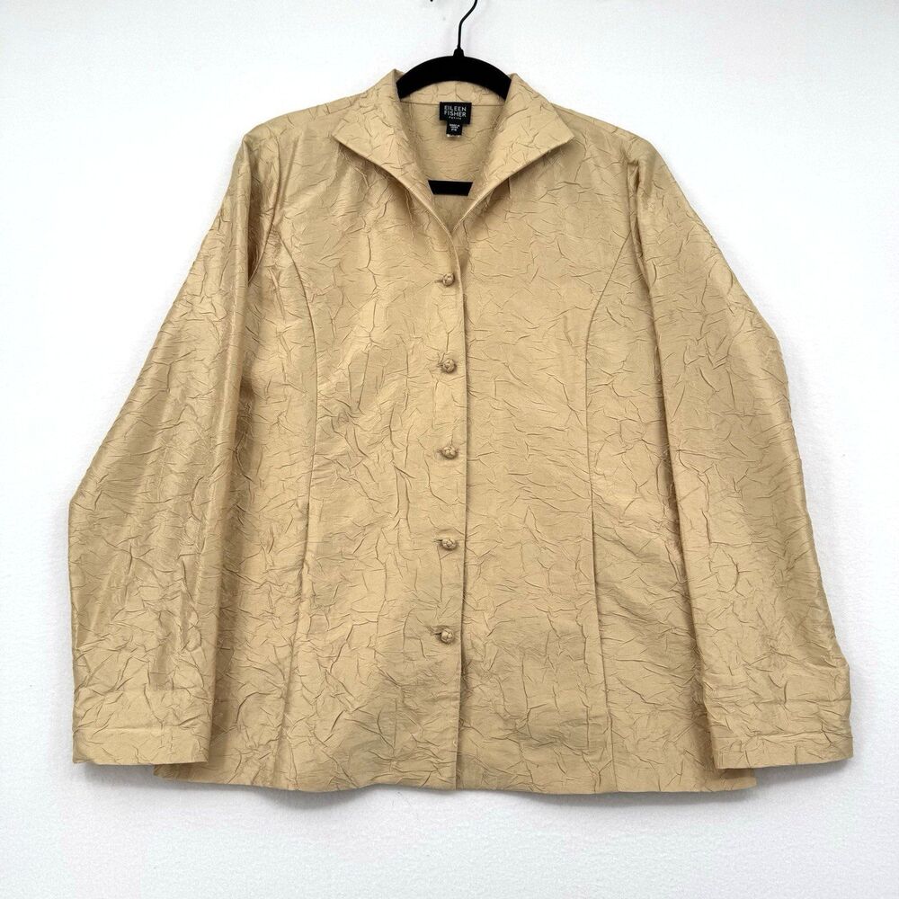 Eileen Fisher Petite 100% Silk Crinkle Jacket Beige Button Front Luxury Chic PS